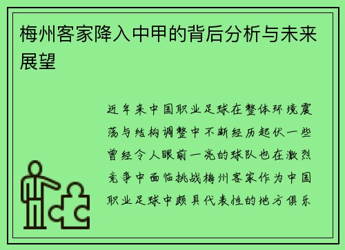梅州客家降入中甲的背后分析与未来展望